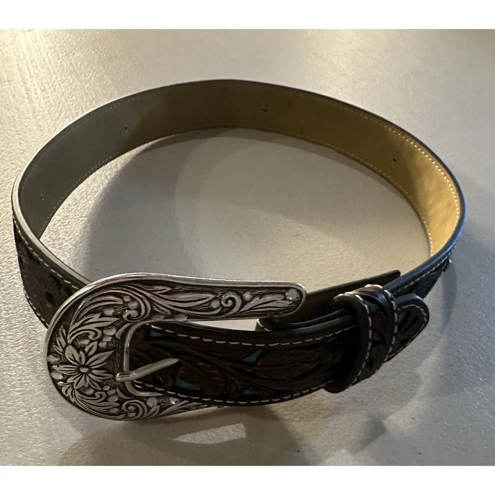 ARIAT LADIES FLORAL TOOLED W/TURQUOISE INLAY BELT - 24